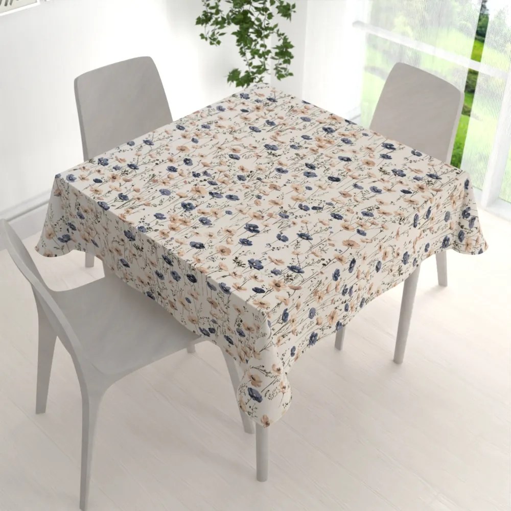 Biante Bavlnený štvorcový obrus Sandra SA-630 Modro-hnedé vlčie maky na svetlo vanilkovom 110x110 cm