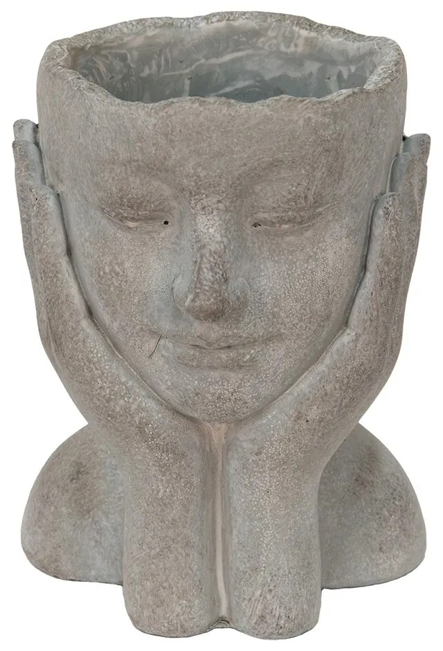 Šedý cementový kvetináč hlava ženy v dlaniach - 16*16*22 cm