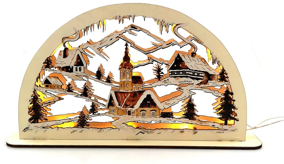 AMADEA Drevený svietiaci portál s motívom dedinky, sépiový, 38 cm