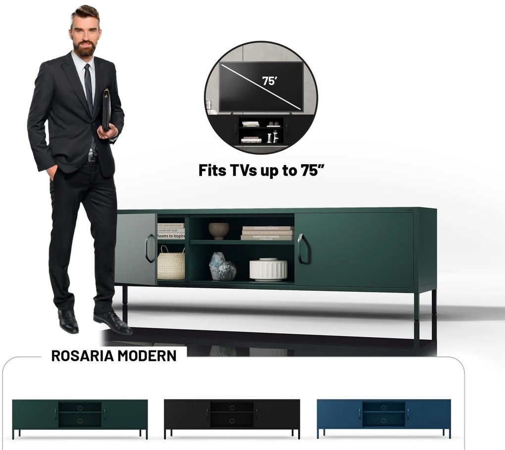Široká kovová TV skrinka XL na nožičkách, fľaškovozelená, 1700x400x500 mm: ROSARIA