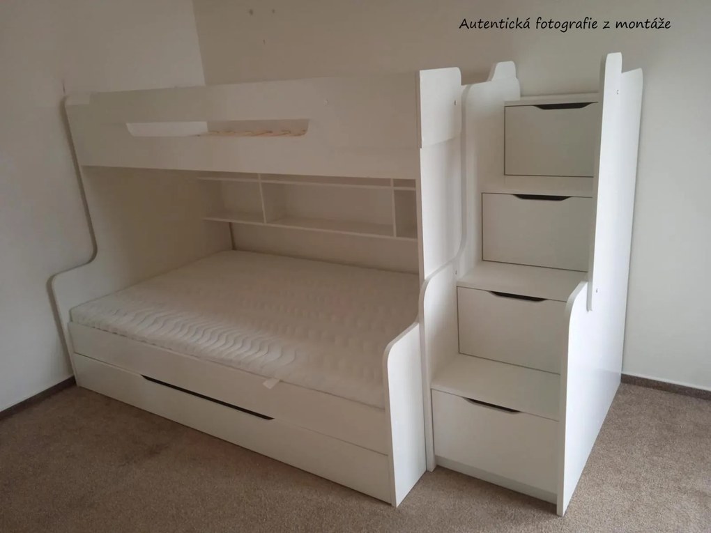 Detská poschodová posteľ s rozšíreným spodným lôžkom a zásuvkou HARRY biela - 200x90/120 cm