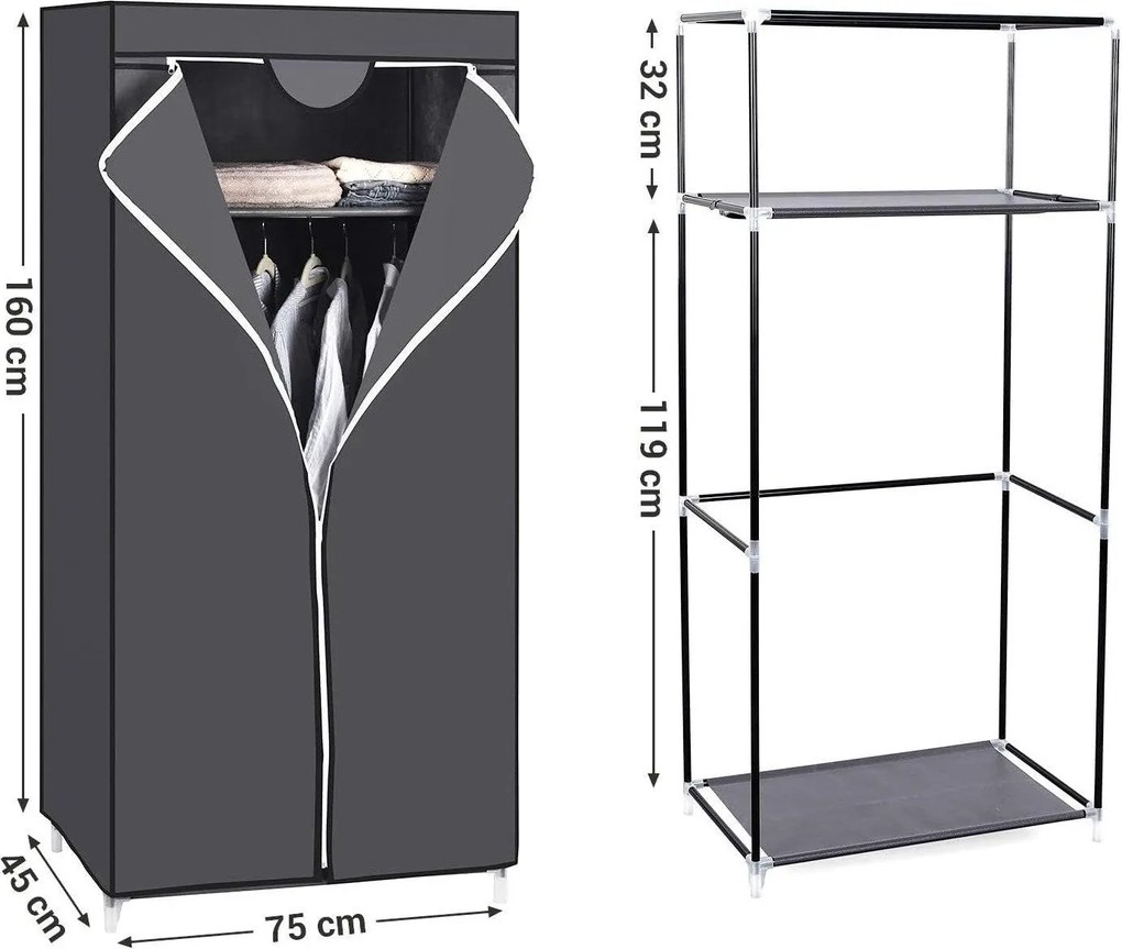 Látková skriňa, modulárny skladací šatník, sivá farba