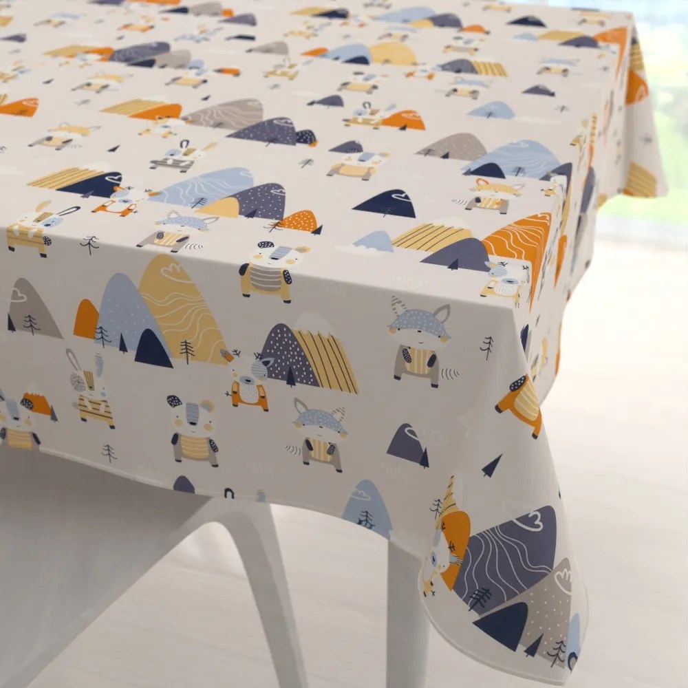 Biante Detský bavlnený štvorcový obrus Sandra SA-613 Modro-oranžové lesné zvieratká na bledo sivom 70x70 cm