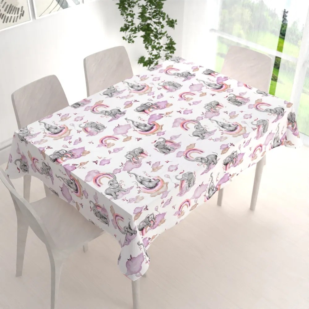 Biante Detský bavlnený obdĺžnikový obrus Sandra SA-464 Slony s fialovou dúhou na bielom 140x180 cm