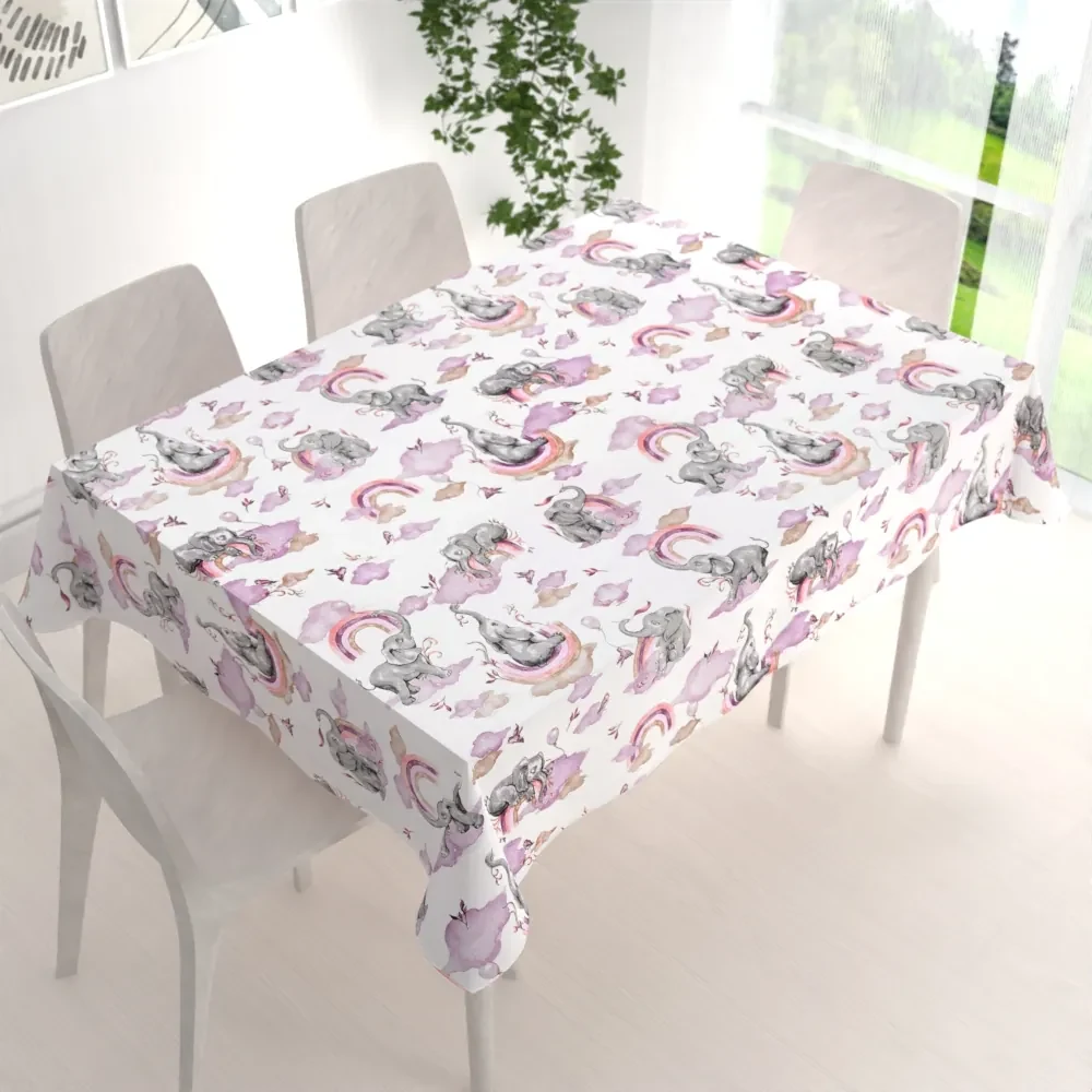 Biante Detský bavlnený obdĺžnikový obrus Sandra SA-464 Slony s fialovou dúhou na bielom 80x120 cm