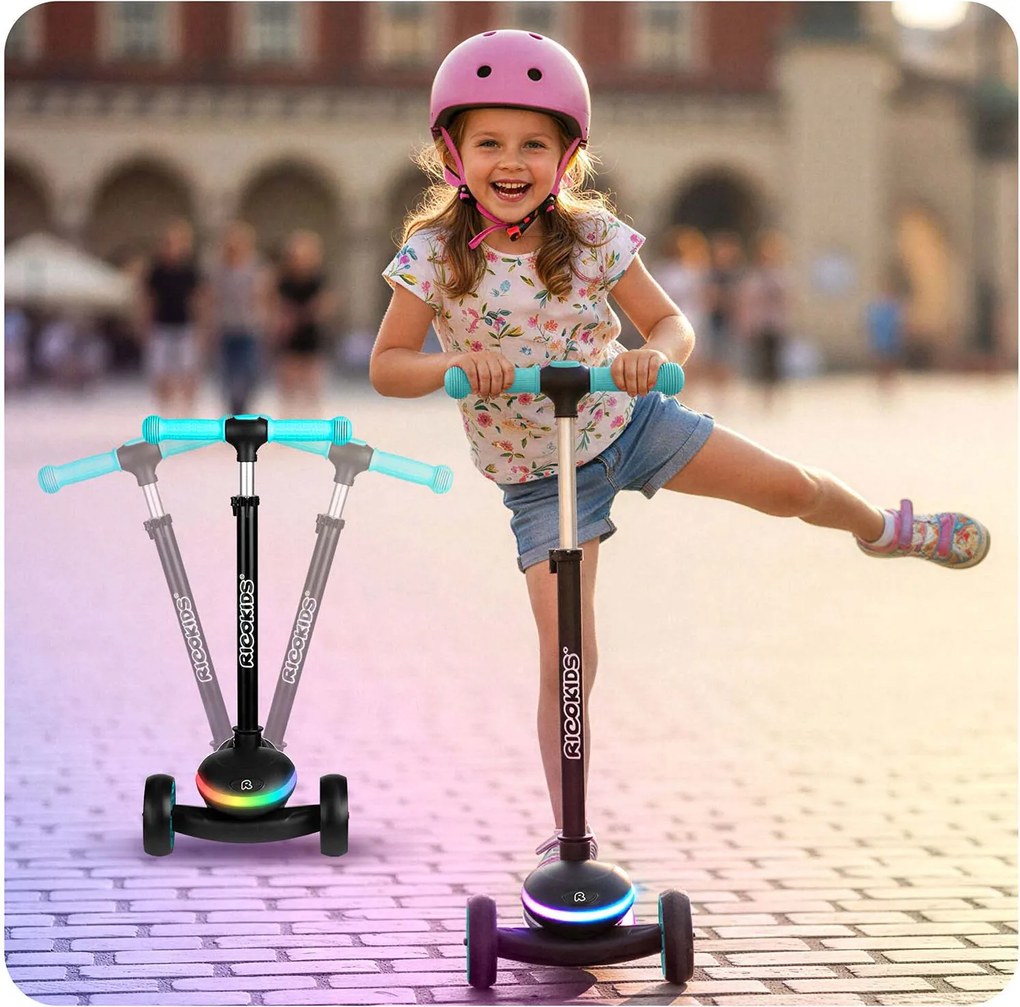 Ricokids Leddi LED balančná Kolobežka pre deti - čierna a tyrkysová