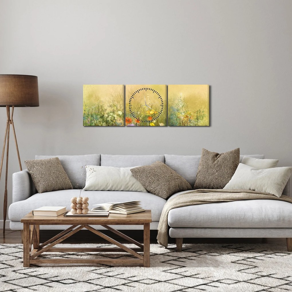 Obraz - Maľovaná lúka (s hodinami) (90x30 cm)