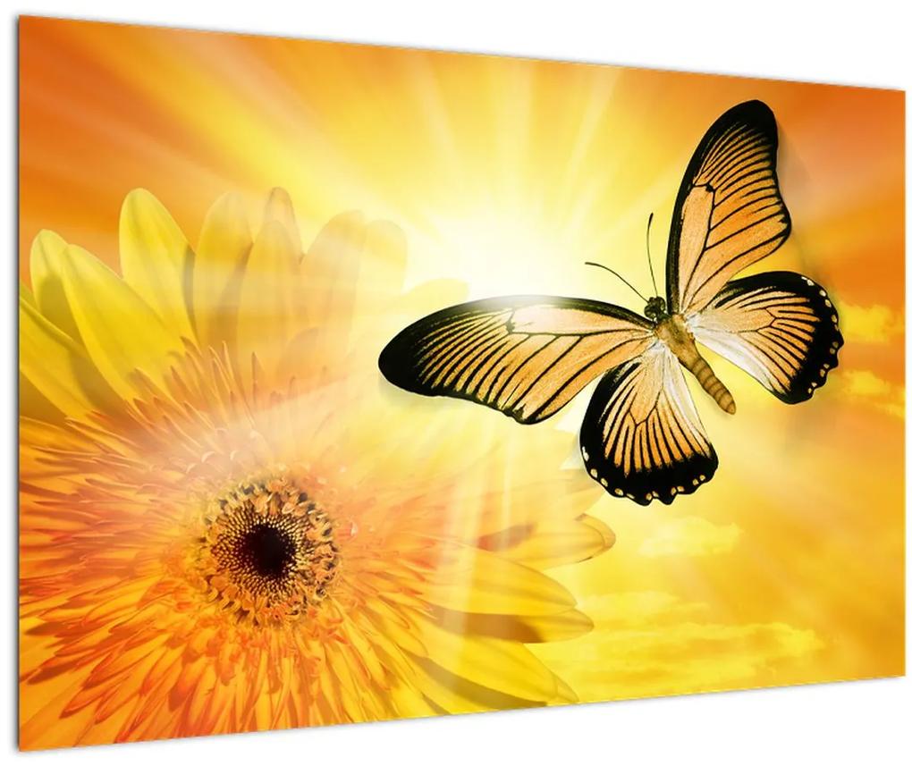 Obraz - Žltý motýľ s kvetom (90x60 cm)