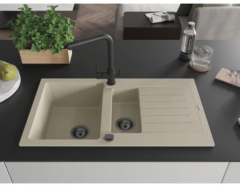 Mexen Matias, granitový drez 900x505x200 mm, 1,5-komorový a čierna batéria Duero, béžová, 6502-69-671600-70