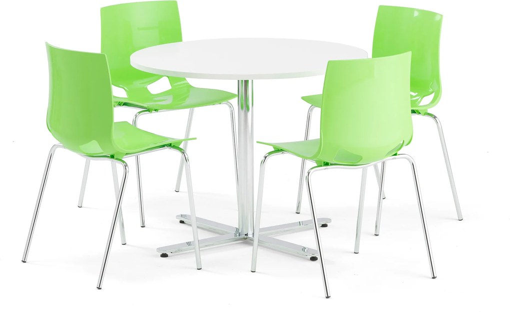 Jedálenská zostava: stôl Tilo + 4 zelené stoličky Juno