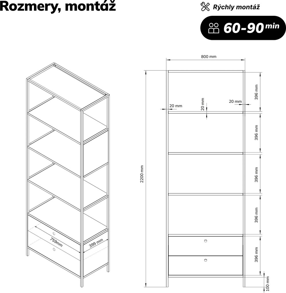 Regál so zásuvkami do kancelárie, na šanóny a dokumenty, otvorené police, kovový, sivý, 800x2200x400 mm: ARIEL