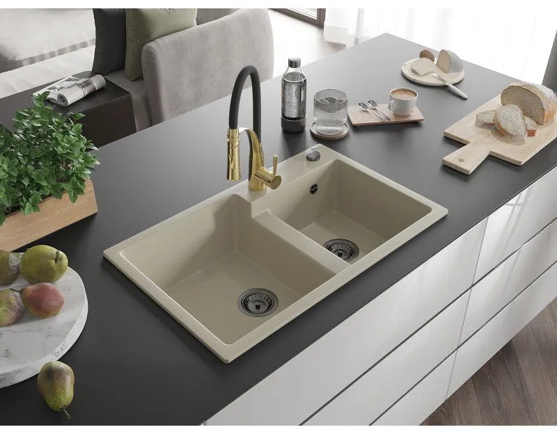 Mexen Tomas, 2-komorový granitový drez 800x500x190 mm a drezová batéria Aster, béžová, 6516-69-73450-57-B