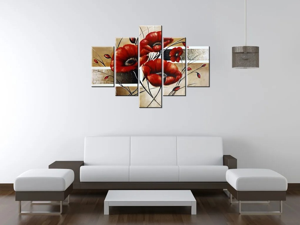 Gario Ručne maľovaný obraz Poľný mak - 5 dielny Rozmery: 150 x 105 cm
