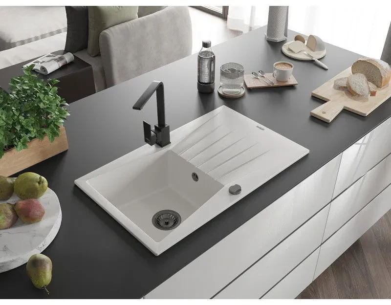 Mexen Cesar, granitový drez 775x470x190 mm, 1-komorový, biela s čiernym sifónom a čierna drezová batéria Rita, 6514-20-670300-70