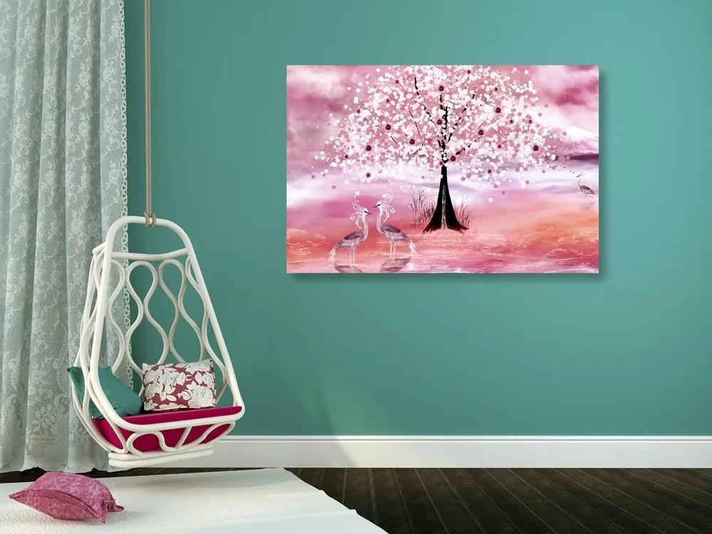 Obraz volavky pod magickým stromom v ružovom prevedení - 120x80