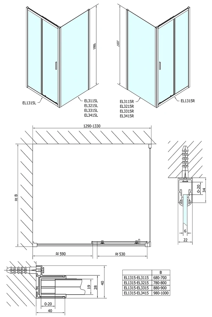 Polysan Polysan, Easy Line obdĺžniková sprchová zástena 1300x900mm L/P varianta, EL1315EL3315
