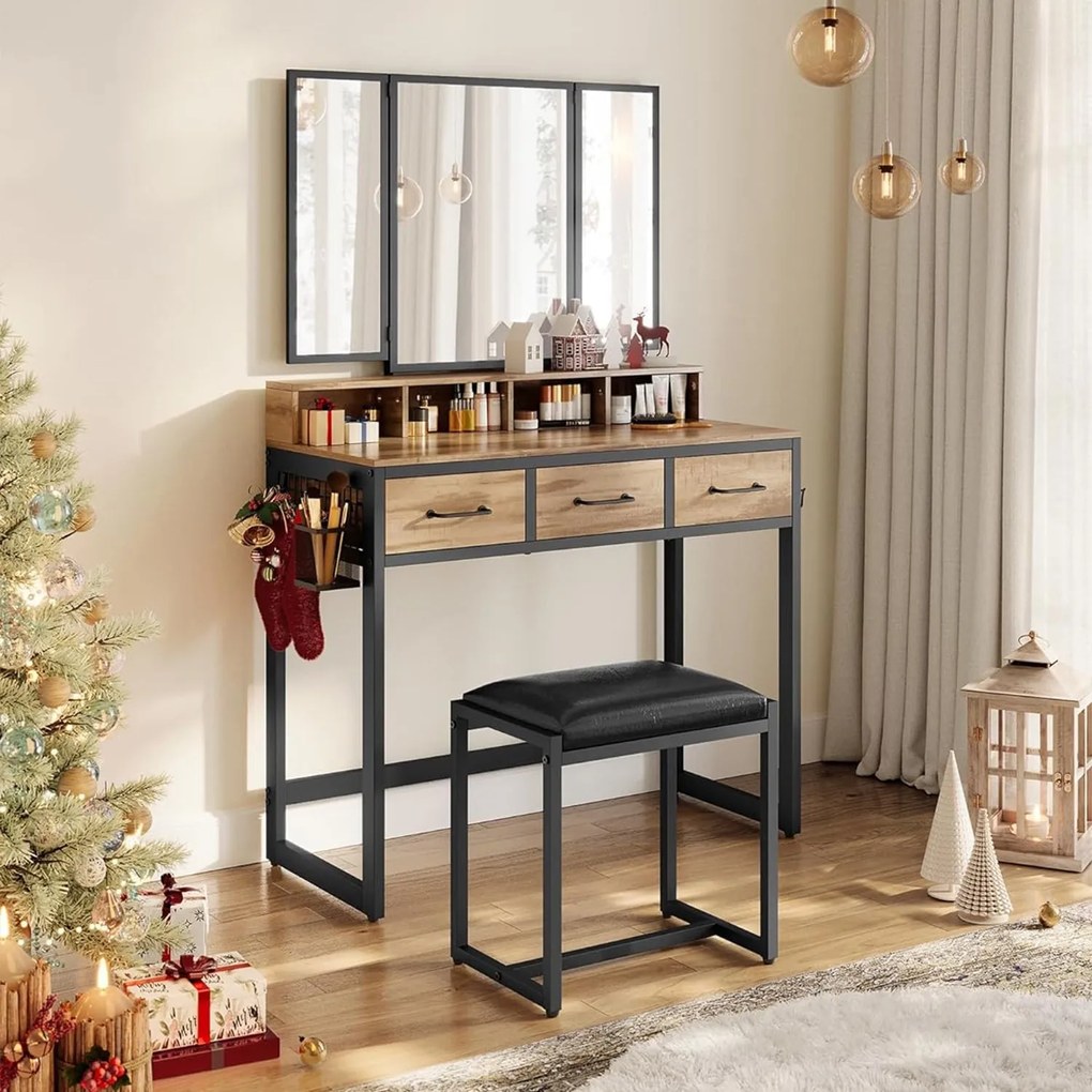 Toaletný stolík s čalúnenou stoličkou, 3 zásuvky, držiak na sušič vlasov, farba dub a čierna