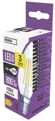 EMOS LED žiarovka Filament Candle, E14, 6W, 806 lm, 4000K, číra