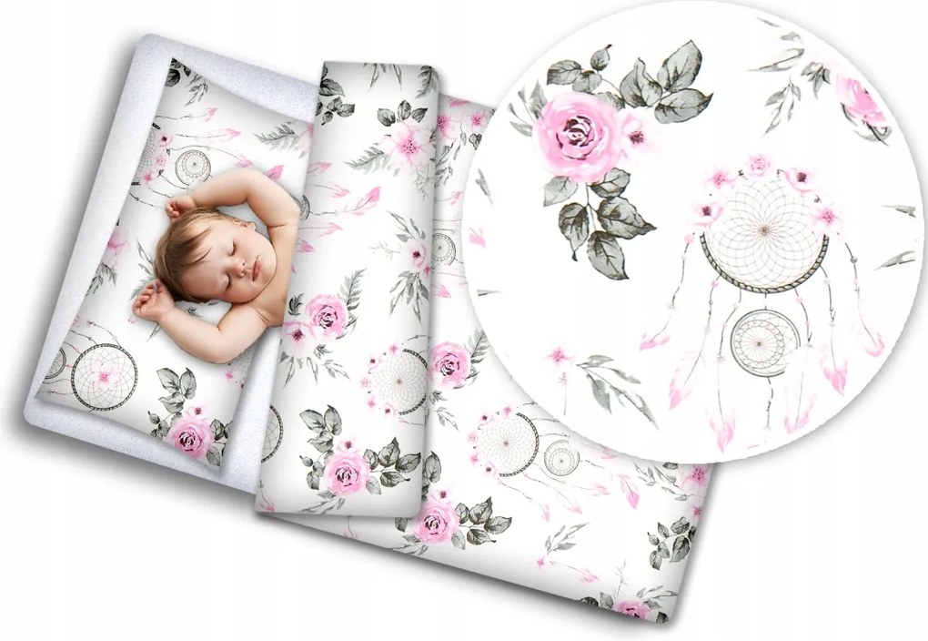Detské bavlnené obliečky do postieľky 120x90 cm BABYMAM PREMIUM - Lapače snov a kvety