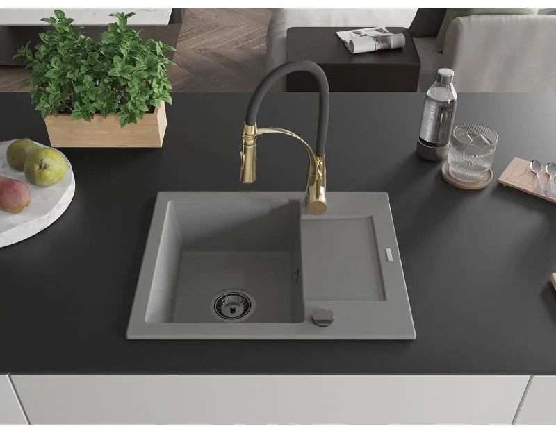 Mexen Enzo, 1-komorový granitový drez 576x465x174 mm a drezová batéria Aster, šedá, 6506-71-73450-57-B