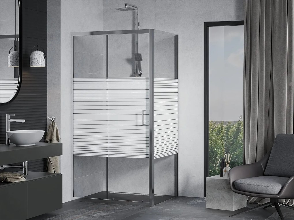 Mexen Apia sprchovací kút s posuvnými dverami 135 (dvere) x 100 (stena) cm, 5mm číre sklo s pásikmi, chrómový profil, 840-135-100-01-20