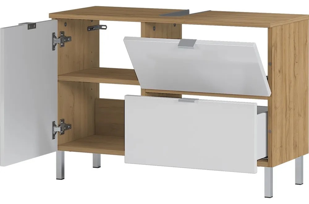 Biela skrinka pod umývadlo s dubovým dekorom Germania Mauresaa, šírka 80 cm