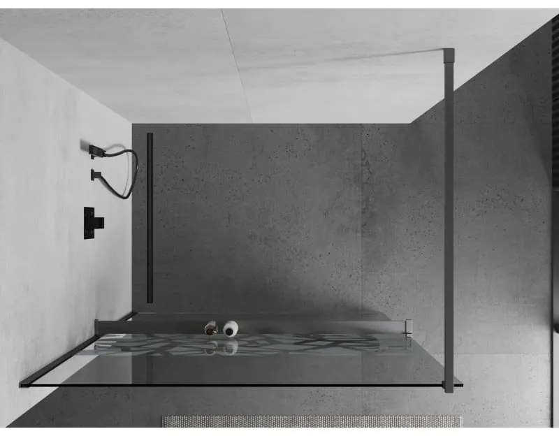 Mexen Kioto+, sprchová zástena Walk-In s poličkou a vešiakom 100 x 200 cm, 8mm číre sklo biely vzor, grafitový profil, 800-100-121-95-85