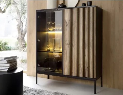 Skrinka s vitrínou Sento, čierna/dub wotan, s osvetlením%