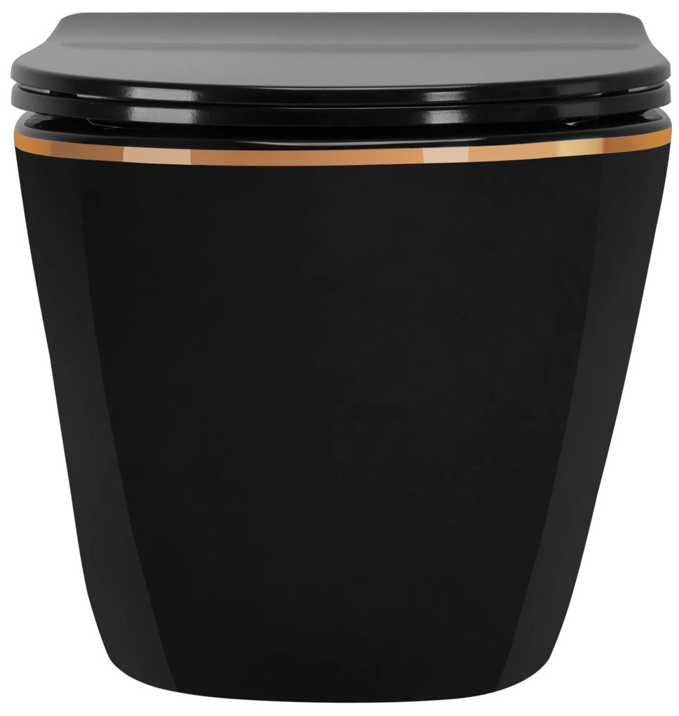 Rea Carlo Mini, rimless závesná misa 49x37 cm so sedátkom s pomalým zatváraním, čierna-zlatý okraj, REA-C8800