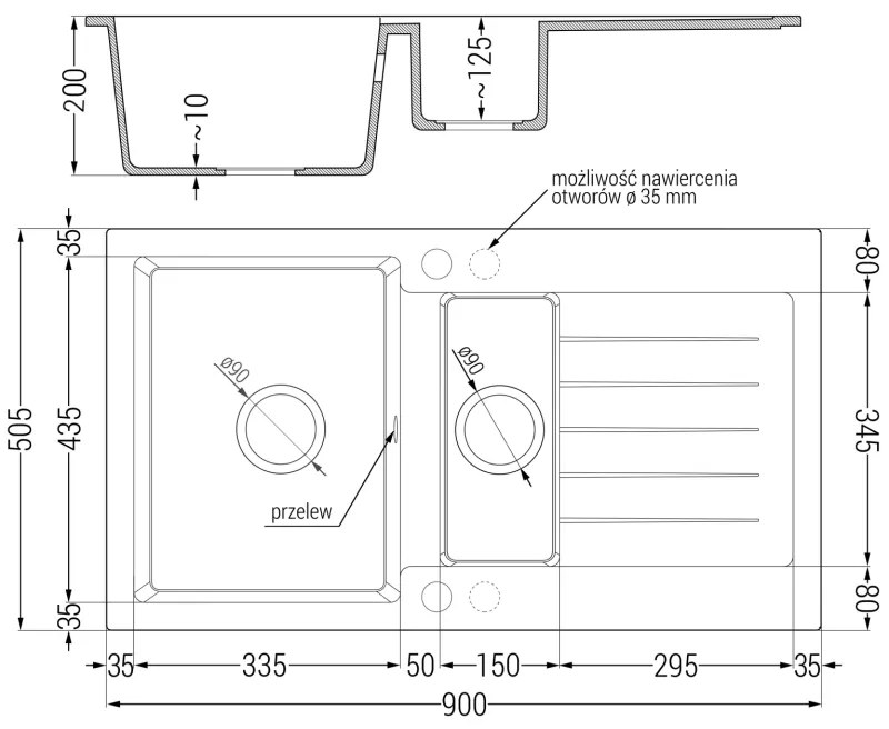 Mexen Matias, granitový drez 900x505x200 mm, 1,5-komorový a drezová batéria Carla, čierna-zlatá metalíza, 6502-75-670700-50-B