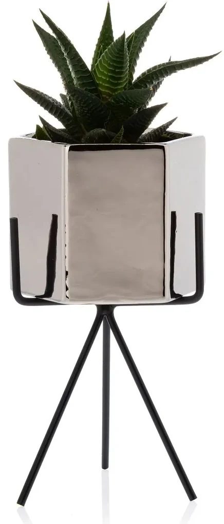 KERAMICKÝ KVETINÁČ SO STOJANOM SASHI SADA 3KS 20X9,5 CM+18X10 CM+16X9,5 CM STRIEBORNÁ