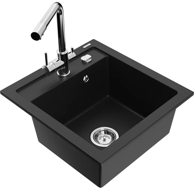 Mexen Vito, 1-komorový granitový drez 520x490x210 mm, chrómová batéria Duero, čierna, 6503-77-671600-00