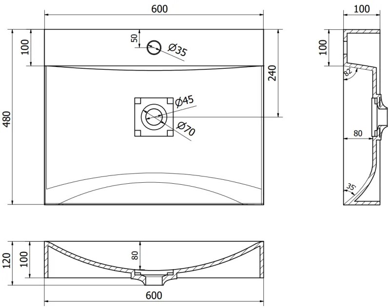 Mexen Poli, umývadlo na dosku z konglomerátu 1/O 60 x 48 cm, čierna matná, 23026071