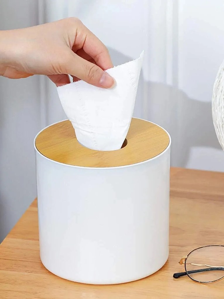 Mini - odpadkový kôš, biely kozmetický kôš s bambusom, WHITNEY