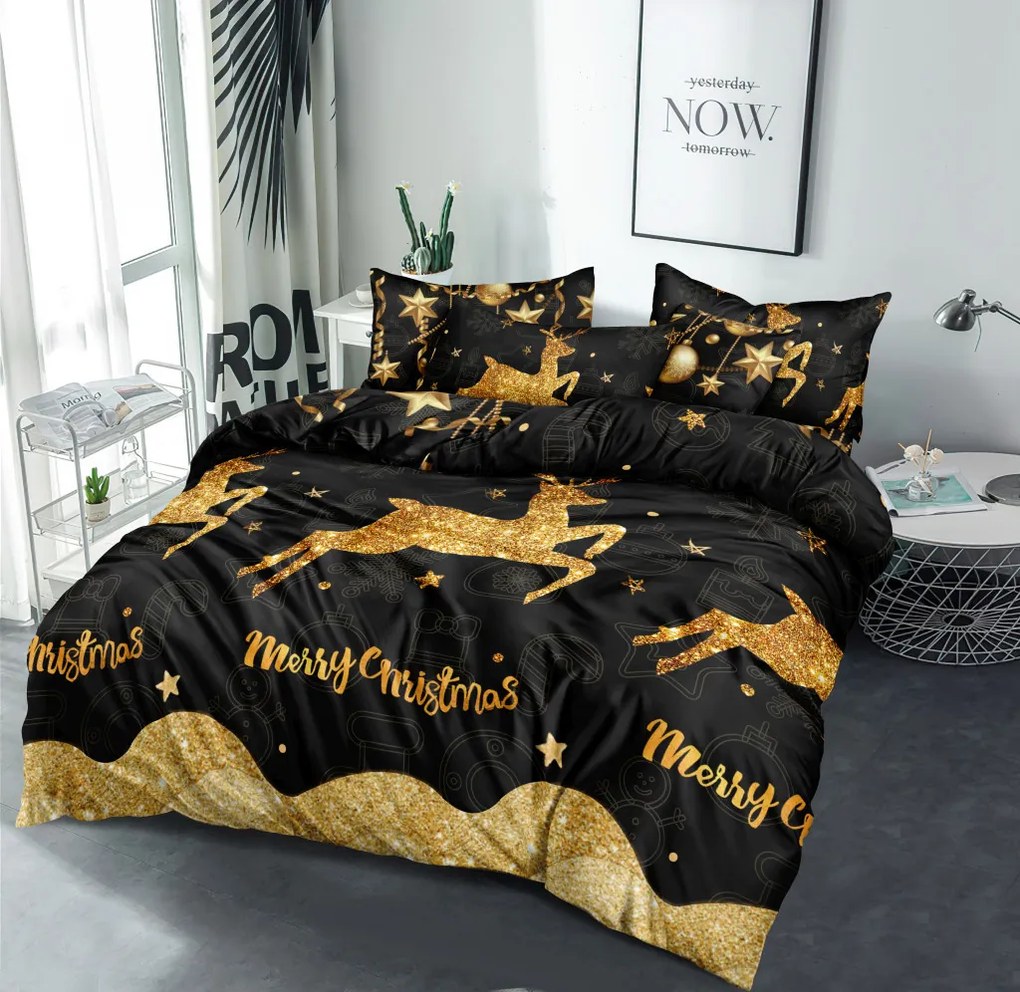 DomTextilu Luxusné vianočné čierno zlaté posteľné obliečky s motívom MERRY CHRISTMAS 3 časti: 1ks 160 cmx200 + 2ks 70 cmx80 Čierna 180x220 cm 46884-218387