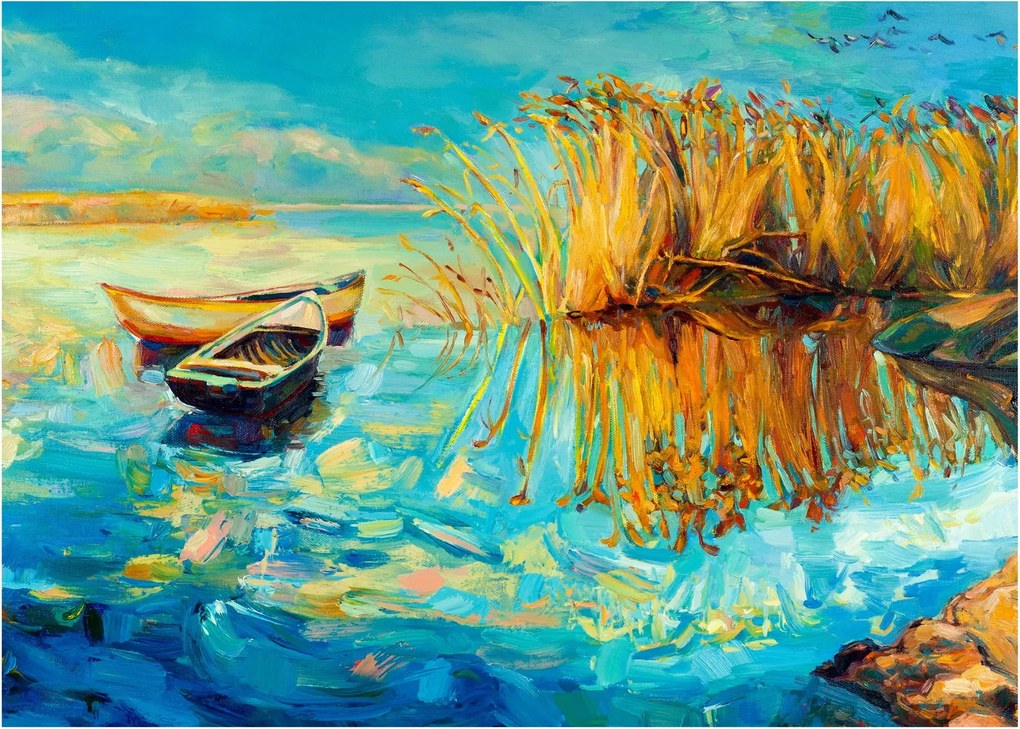 Obraz - Jazero s loďkami (70x50 cm)