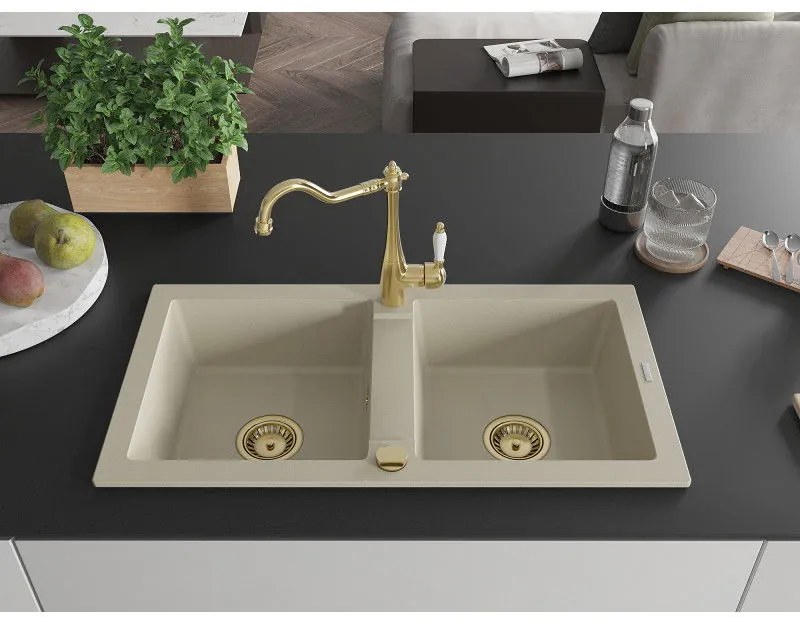 Mexen Mario, granitový drez 820x436x161 mm, 2-komorový a drezová batéria Carla, béžová, 6504-69-670700-50