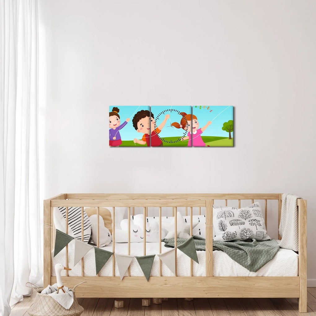 Obraz - Deti púšťajú draka (s hodinami) (90x30 cm)