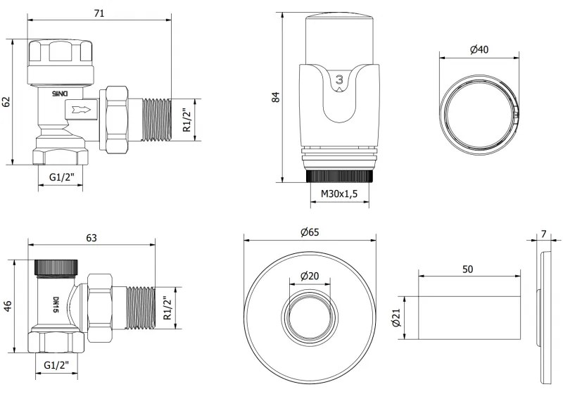 Mexen G00, súprava uhlových ventilov s termostatickou hlavicou a krytkami, antracitová, W901-900-904-66