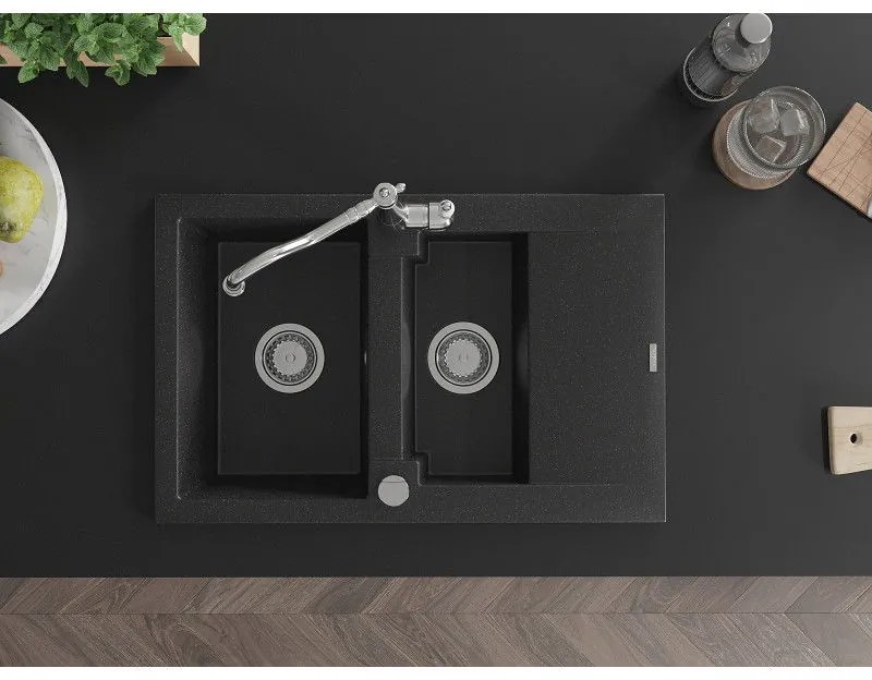 Mexen Gaspar, granitový drez 752x436x161 mm, 1,5-komorový a drezová batéria Carla, čierna-strieborná metalíza, 6507-73-670700-00