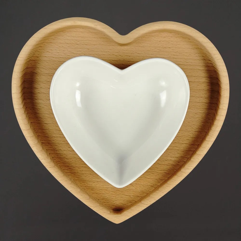 AMADEA Drevená miska srdiečko s mištičkou, masívne drevo, 20 cm