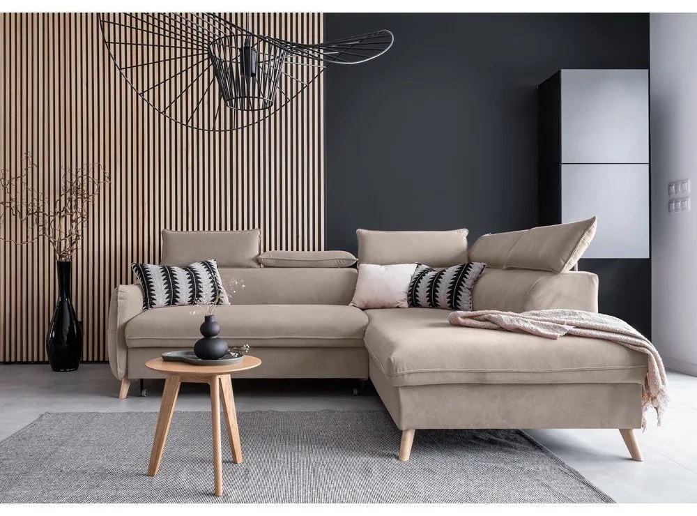 Béžová zamatová rozkladacia rohová pohovka (pravý roh) Sweet Harmony – Miuform