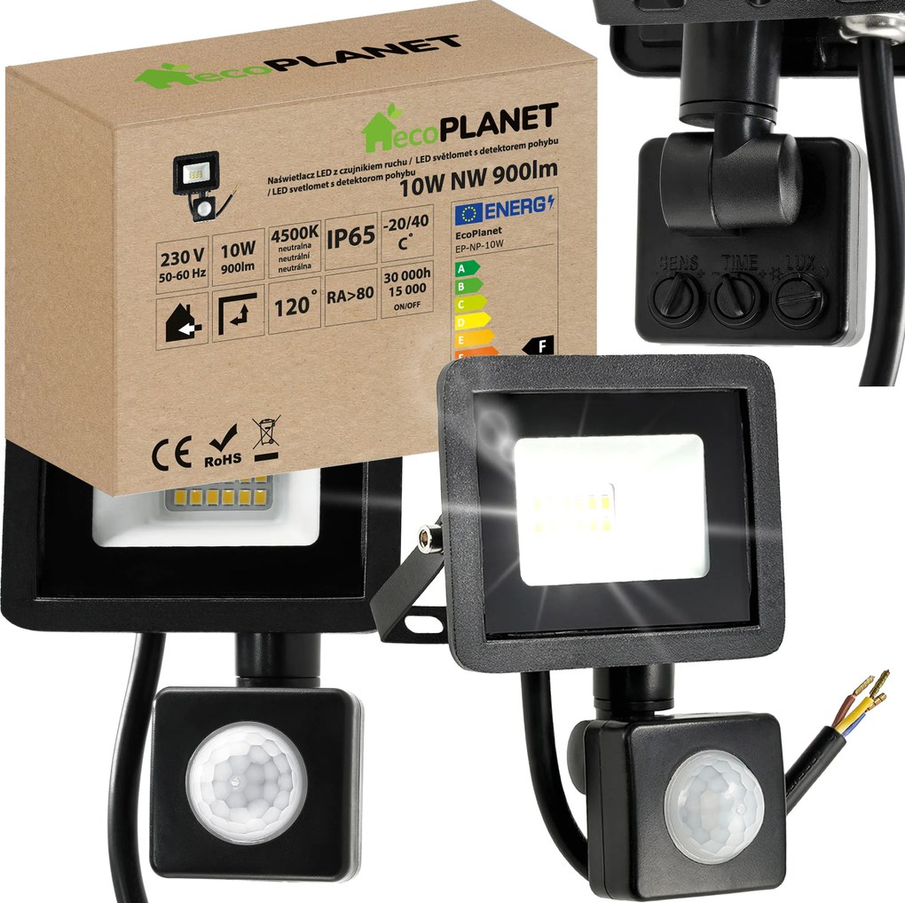 LED reflektor 10W 900lm so senzorom pohybu, súmrakový reflektor IP65