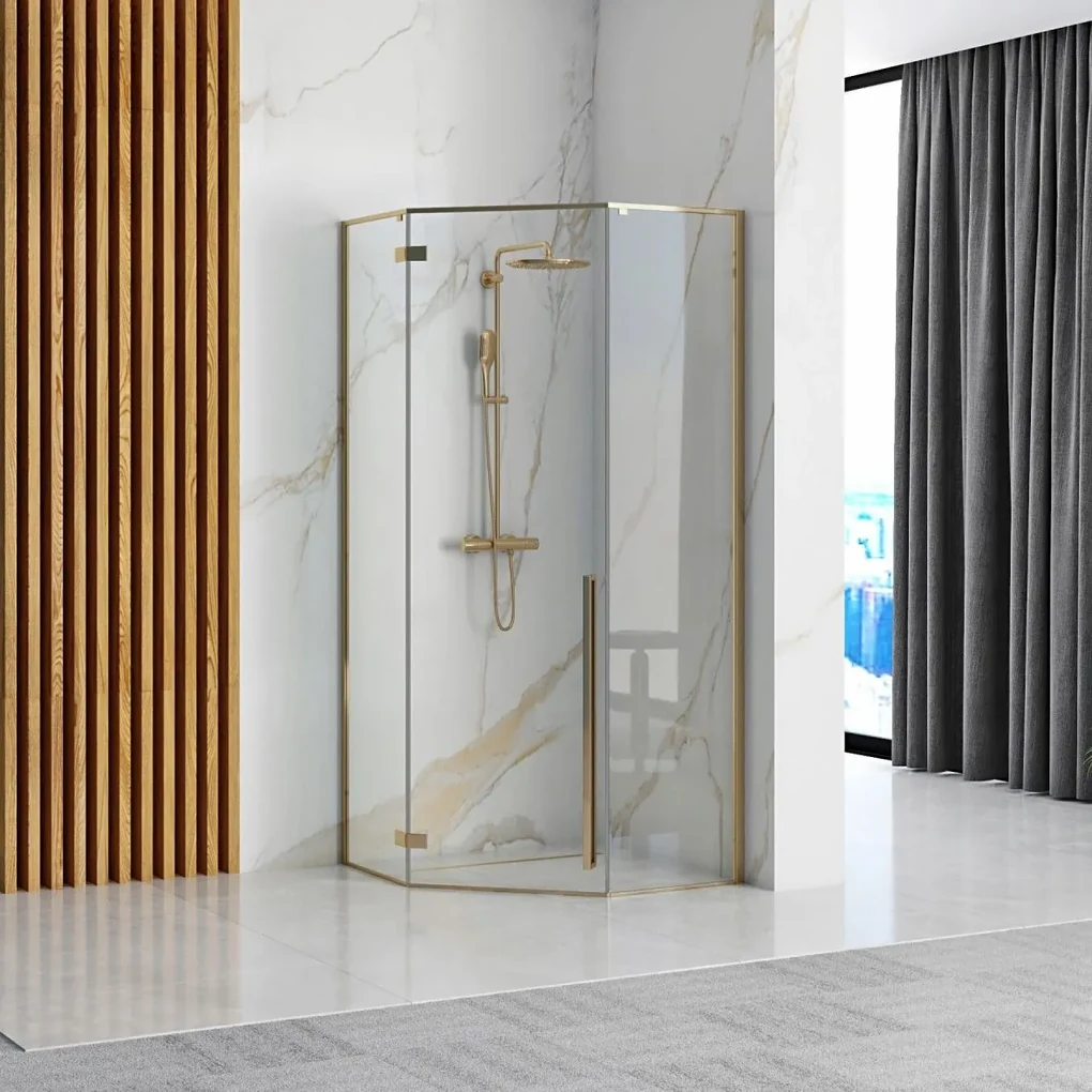 Rea Diamond, sprchovací kút 90x90 cm + čierna sprchová vanička, zlatá lesklá, KPL-14904