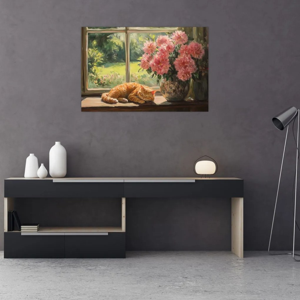 Obraz - Mačka na okne (90x60 cm)