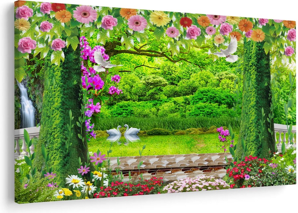 Obraz - Čarovná záhrada s labuťami (90x60 cm)