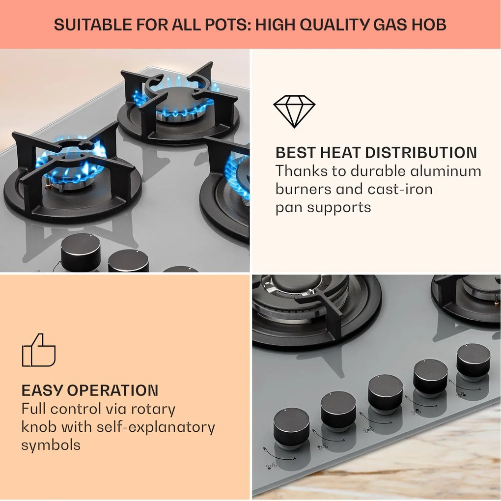 Klarstein Firetale, plynová varná doska, 5 hliníkových horákov, 70 cm, vrátane hadice a redukčného ventilu