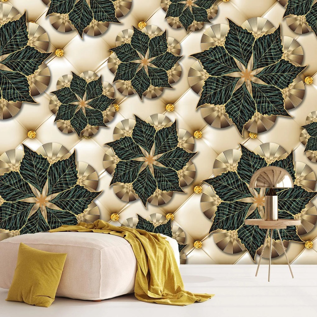 Fototapeta - Tyrkysovo - zlaté kvety (147x102 cm)