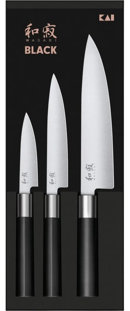 Kai Súprava 3 nožov Wasabi Black – univerzálny malý, univerzálny veľký a šéfkuchársky veľký