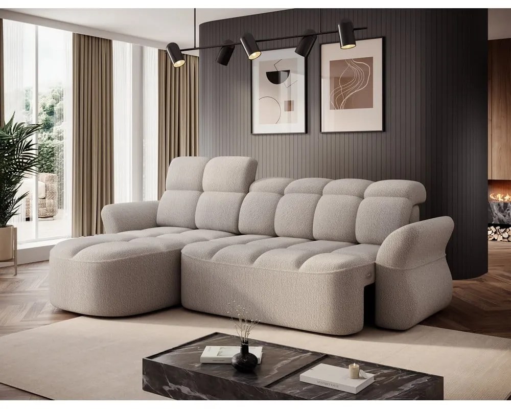 Béžová rozkladacia/s úložným priestorom rohová pohovka z textílie buklé (ľavý roh/s leňoškou) Beneth – ELTAP